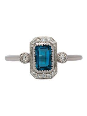 0.69Ct London Blue Topaz & Natural Diamond Ring in Solid 14K White Gold